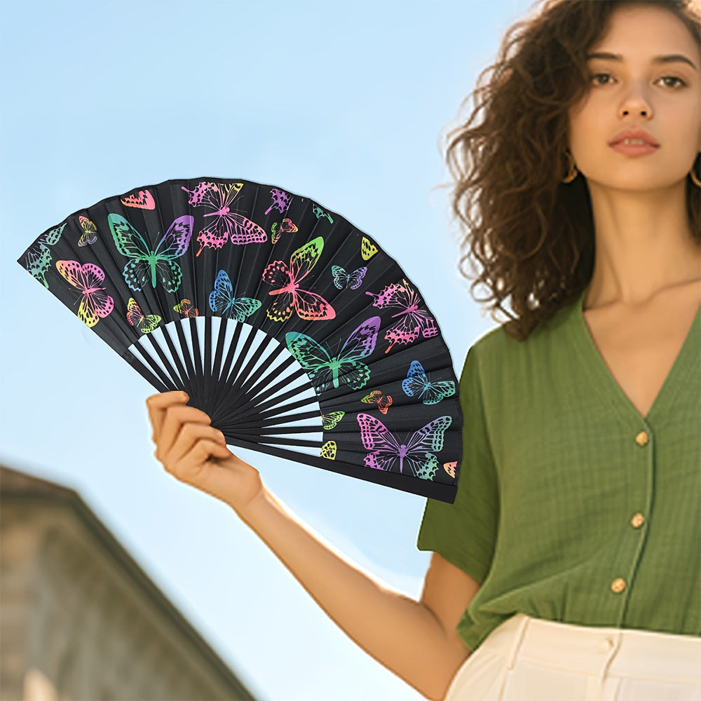 Women's Folding Hand Fan Lightweight Portable Butterfly Design Black