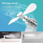 Foldable Rechargeable Mini Handheld Fan with Power Bank USB-C USB-A Ports and Wrist Strap