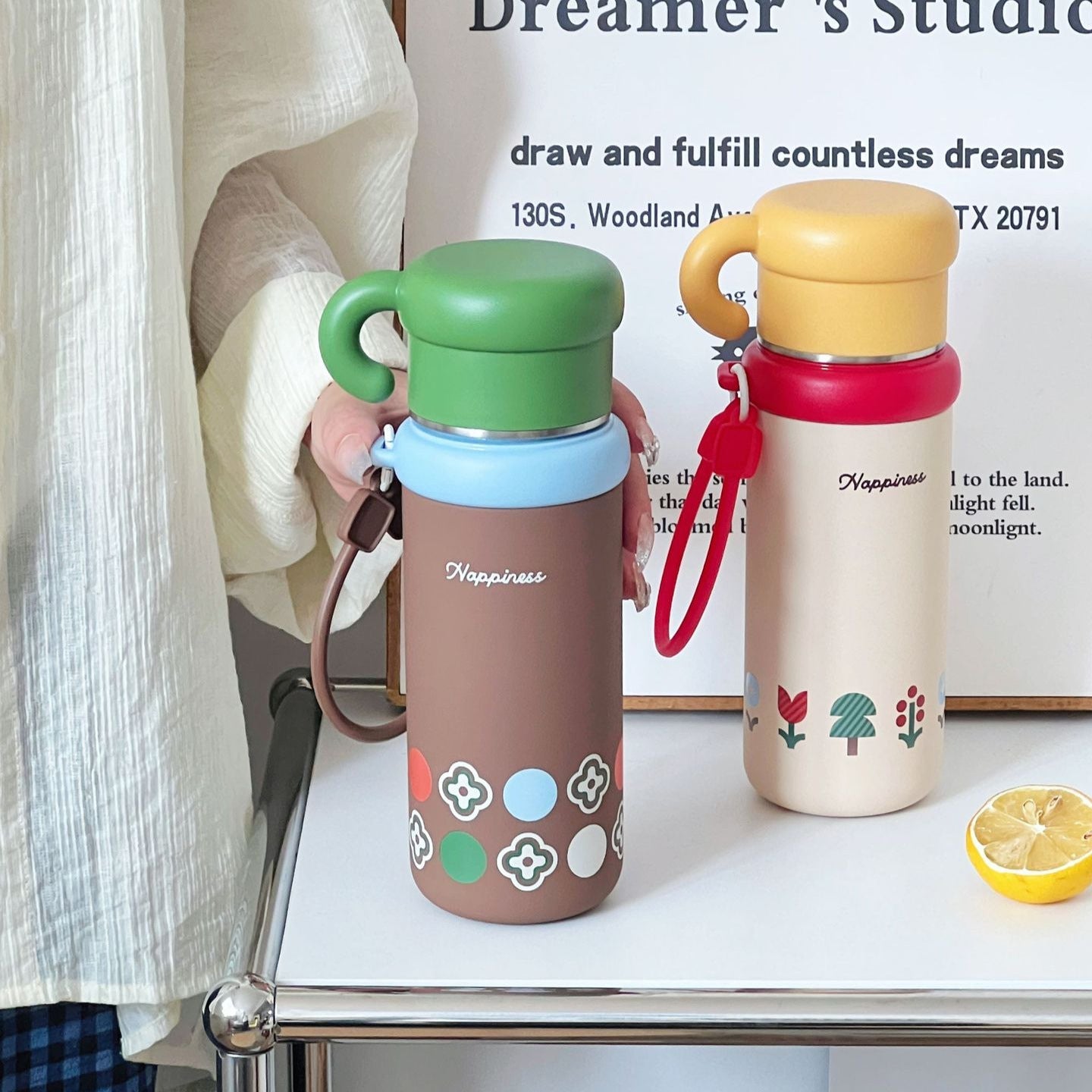 Insulated Plastic Water Bottle for Women Leak-Proof Hot Cold Drink Container with Handle and Cheerful Design