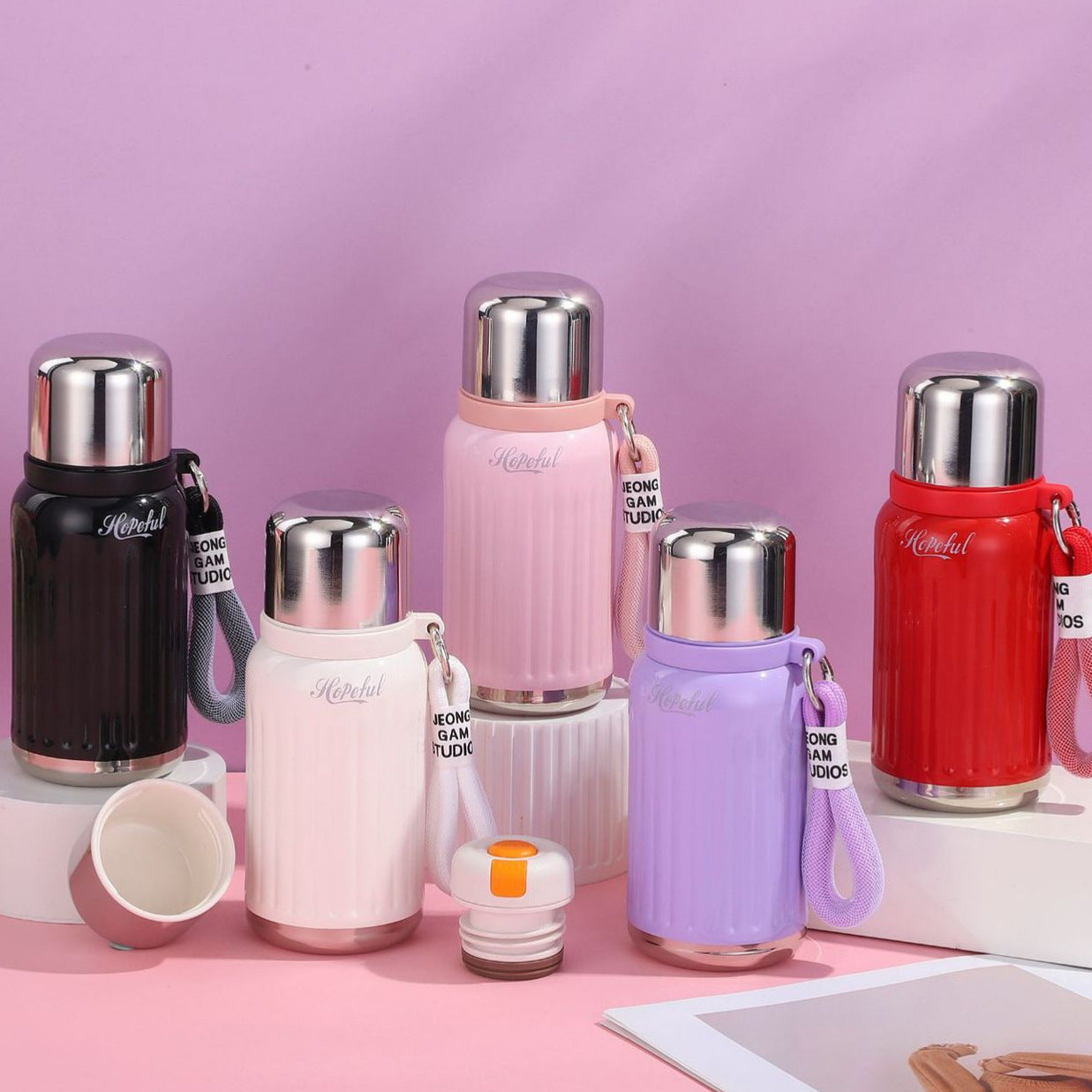 Insulated Stainless Steel Water Bottle Double-Walled Vacuum with One-Hand Safety Lock and Removable Cup