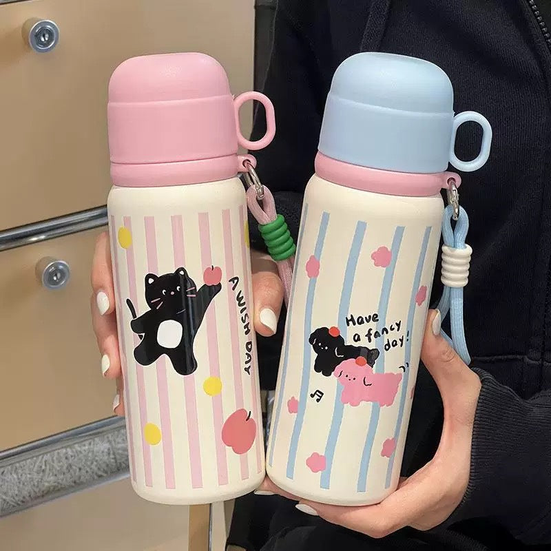 Women's Insulated Water Bottle BPA-Free Plastic Double Wall Leak-Proof Lid with Carry Handle and Animal Design