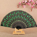Handmade Ladies Fan Black Fabric Wood Blue Floral Embroidered Design