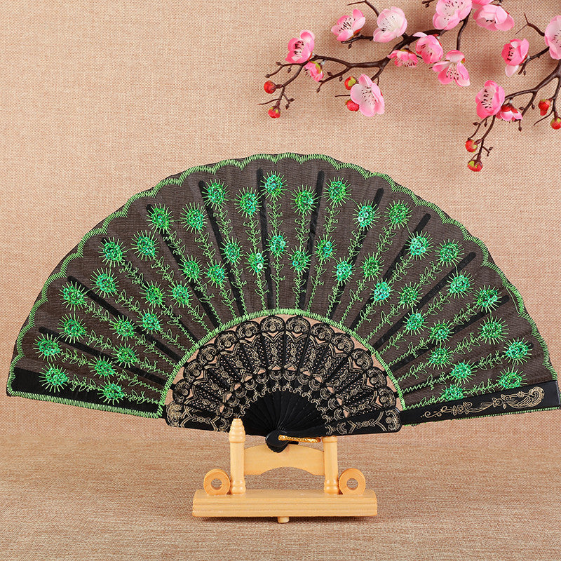 Handmade Ladies Fan Black Fabric Wood Blue Floral Embroidered Design