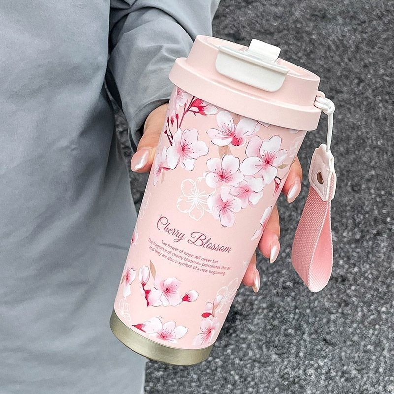 Insulated Travel Mug Leak-Proof Lid Cherry Blossom Design BPA-Free Plastic Handle