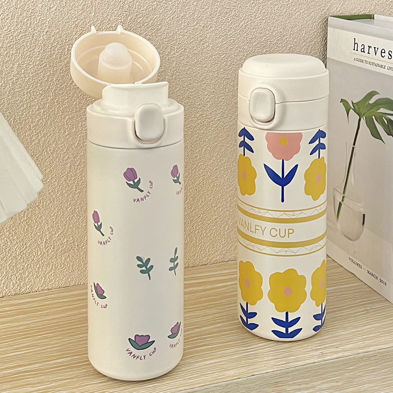 Women's Insulated Stainless Steel Water Bottle Leak-Proof Flip Top Floral Design