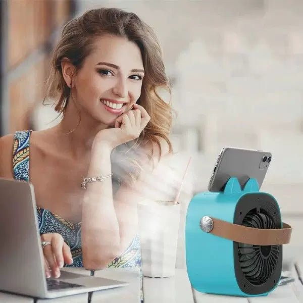 Personal Mist Cooler Fan USB Rechargeable Compact Portable with Adjustable Airflow and Leather Strap