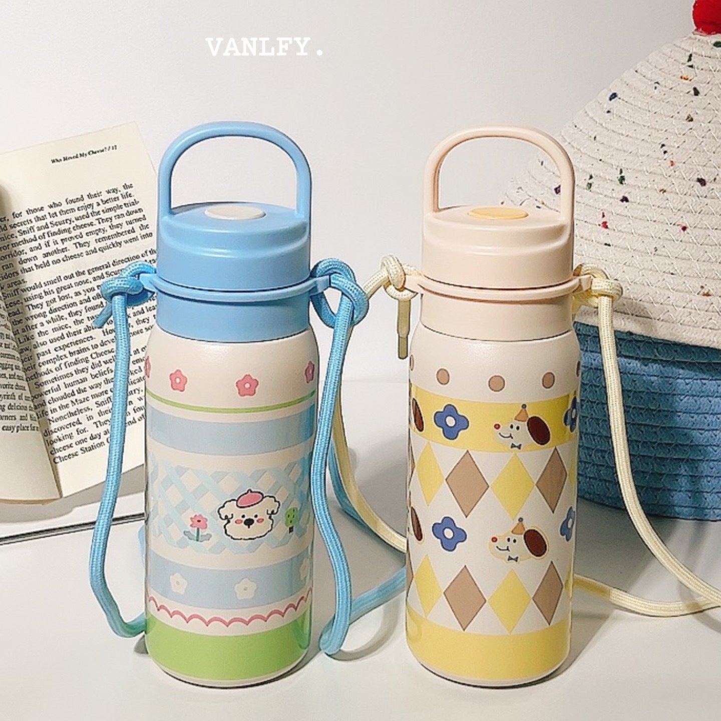 Women's Insulated Water Bottle BPA-Free Plastic Animal Design with Carrying Strap Leak-Proof