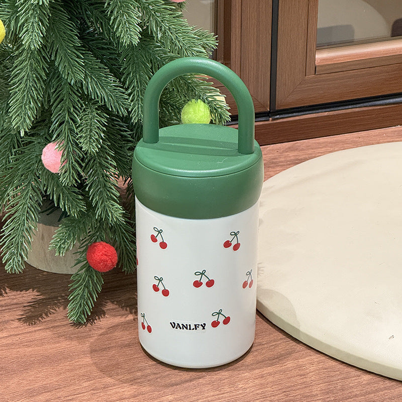 Insulated Plastic Drinking Cup with Cherry Design Leak-Proof Lid and Carry Handle for Women