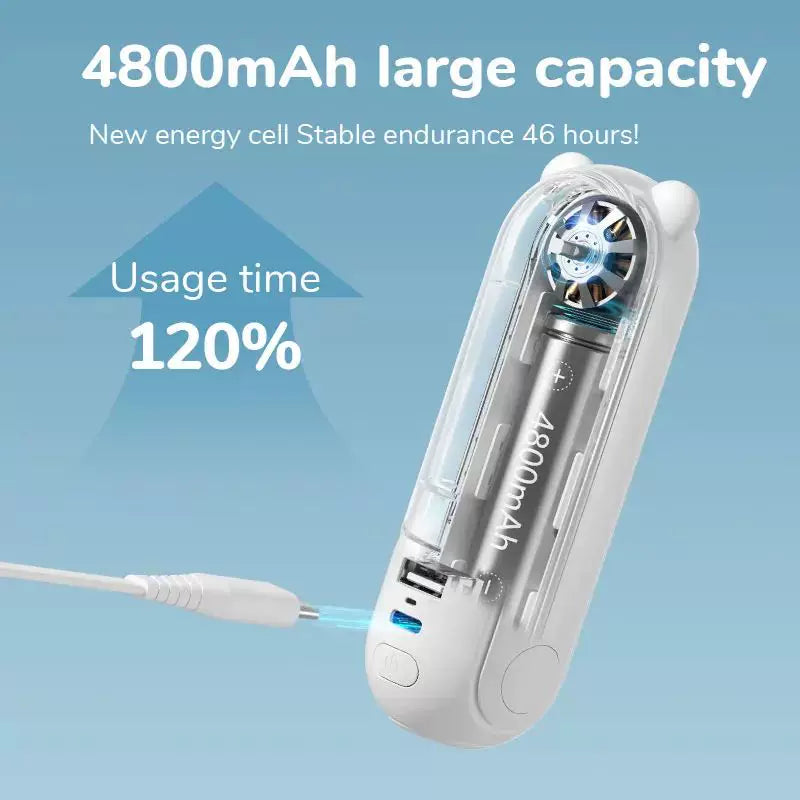 Foldable Rechargeable Mini Handheld Fan with Power Bank USB-C USB-A Ports and Wrist Strap