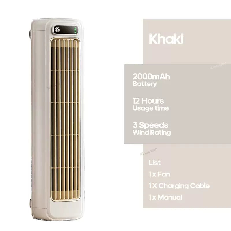 Rechargeable Wireless Tower Fan Portable Quiet Motor 3 Speeds Khaki