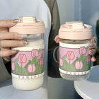 Ladies Insulated Drinking Cup with Floral Pattern Silicone Lid Flip-Top Spill Proof