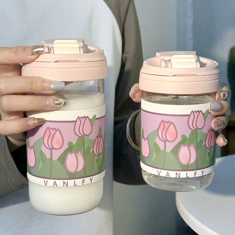 Ladies Insulated Drinking Cup with Floral Pattern Silicone Lid Flip-Top Spill Proof