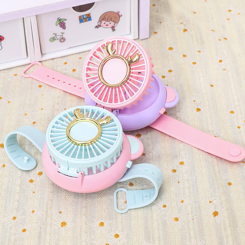 Ladies Portable Hand Fan with Integrated Mirror USB Rechargeable Cute Animal Design Lightweight