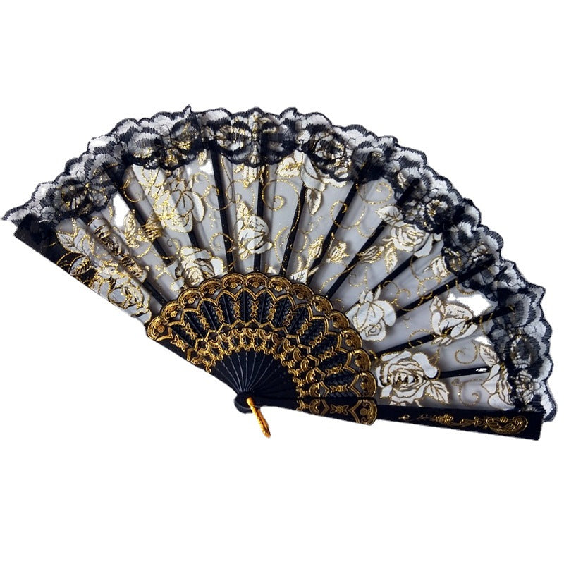 Ladies Decorative Hand Fan Rose Motifs Elegant Lightweight Fabric Accessory