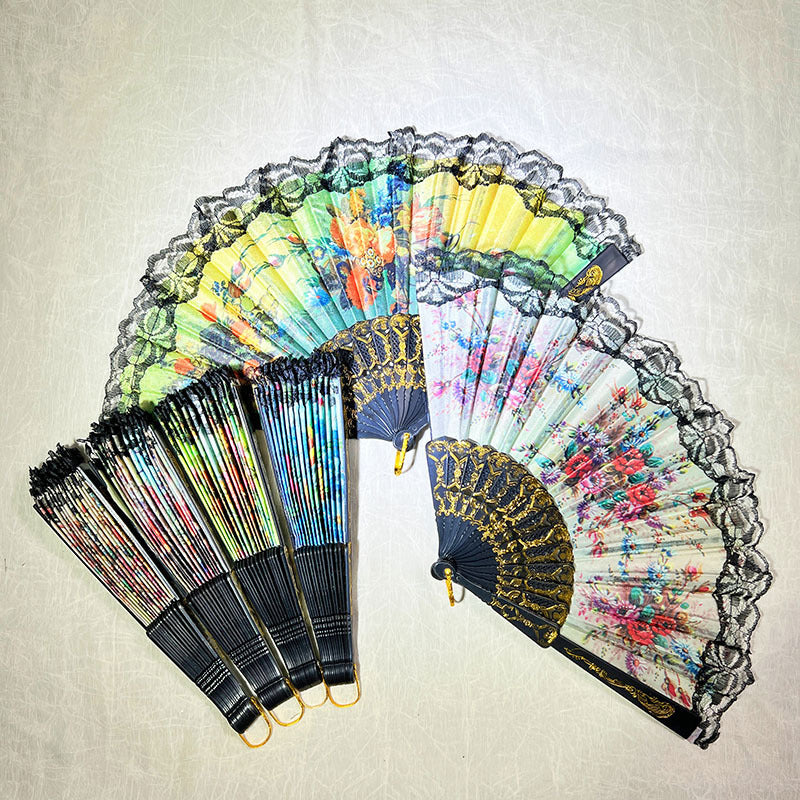 Ladies Elegant Hand Fan Floral Design Lace Edges Compact Lightweight