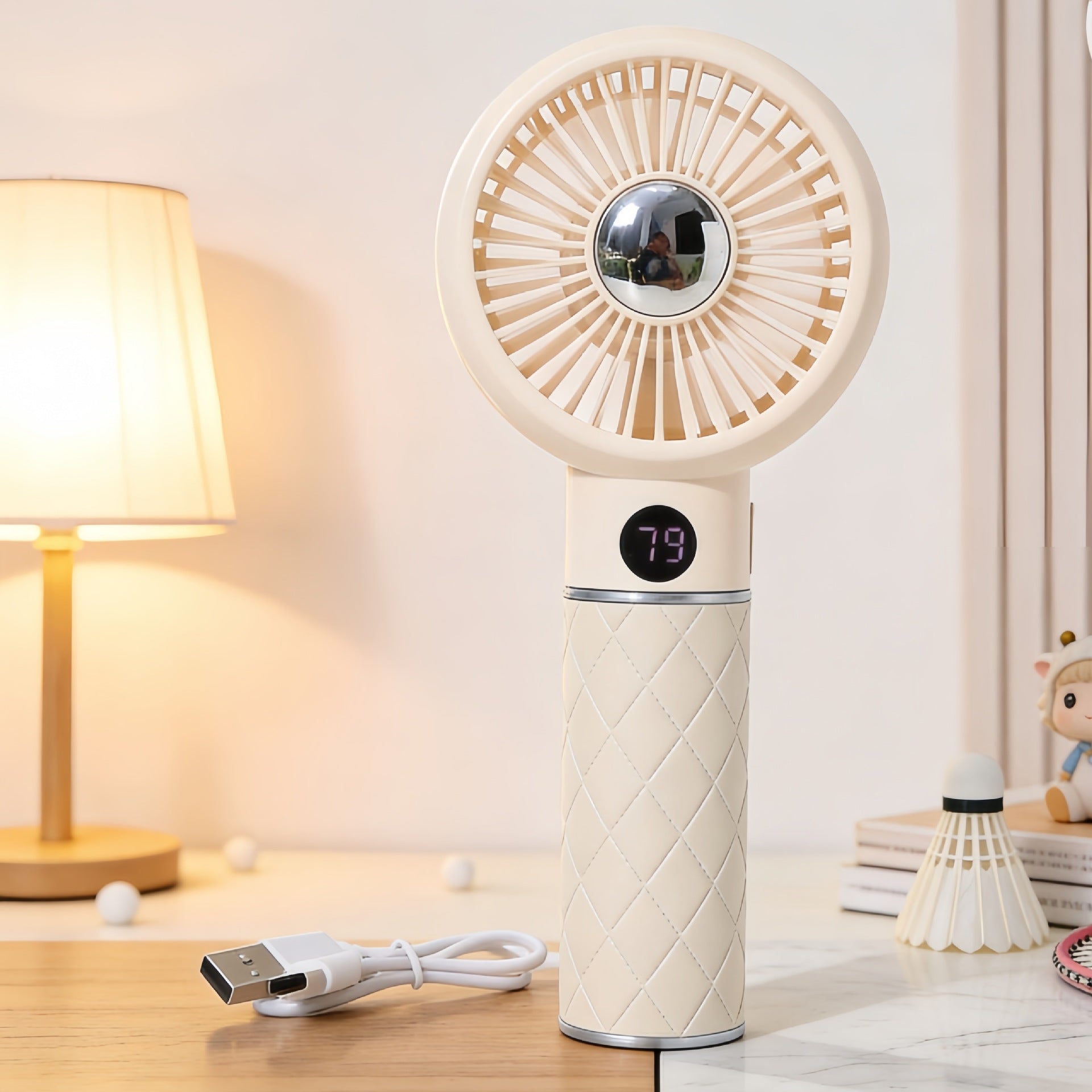 Women Portable Hand Fan with Digital Speed Display and Bear Design USB Rechargeable