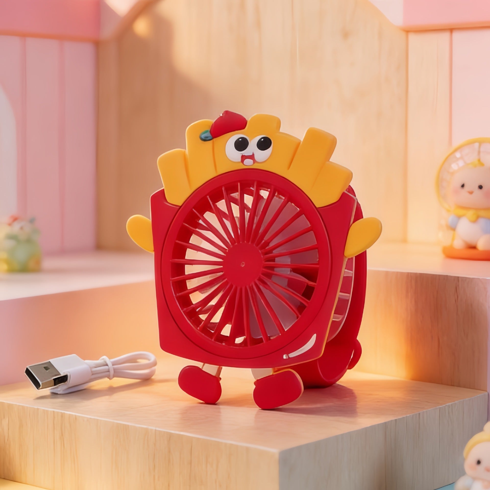 Ladies Portable USB Hand Fan Fun Fries Design Lightweight Rechargeable Personal Cooling Fan