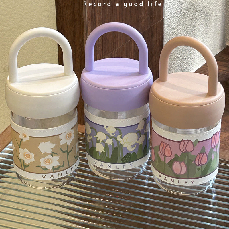 Insulated Women's Water Bottle with Ergonomic Handle Floral Design BPA-Free Plastic