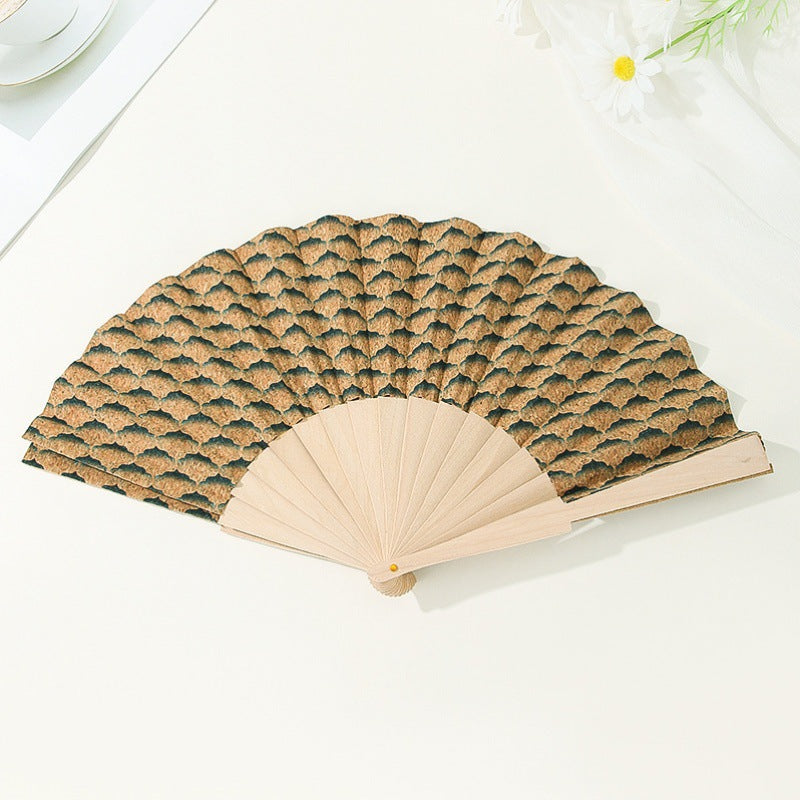 Women's Handmade Wooden Fan with Floral Motifs Elegant Fabric Folding Fan