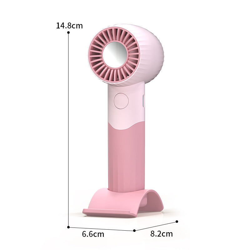 Women's Portable Hand Fan with Integrated Mirror and Stand Compact Quiet