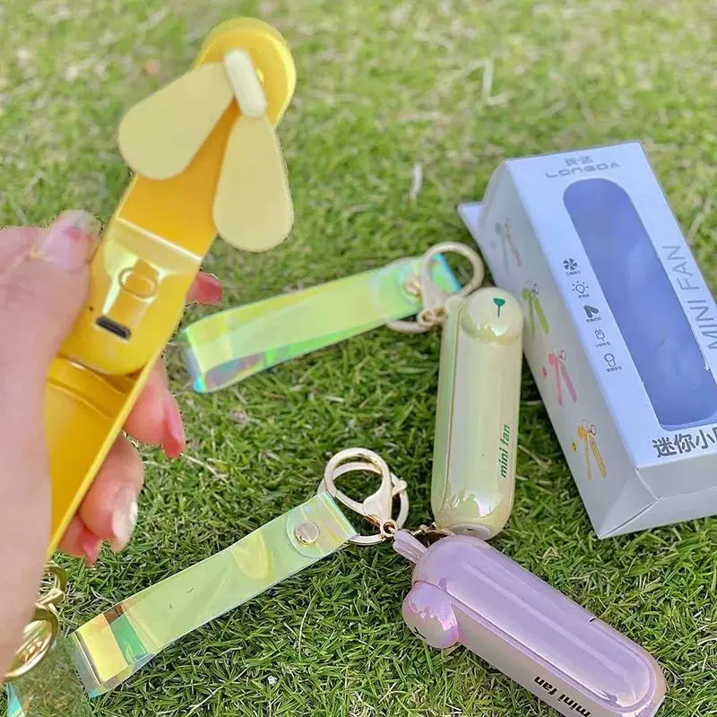 Rechargeable Mini Keychain Fan USB Portable Handheld with Wrist Strap and Frog Charm
