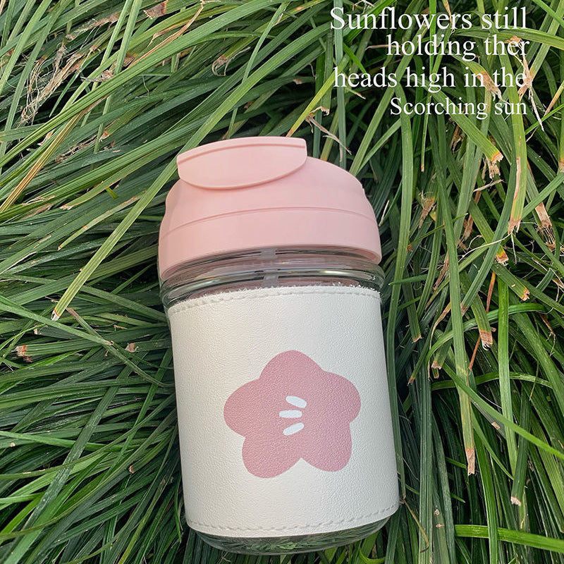 Ladies Insulated Glass Water Bottle with Silicone Sleeve and Leak-Proof Silicone Lid, Floral Design