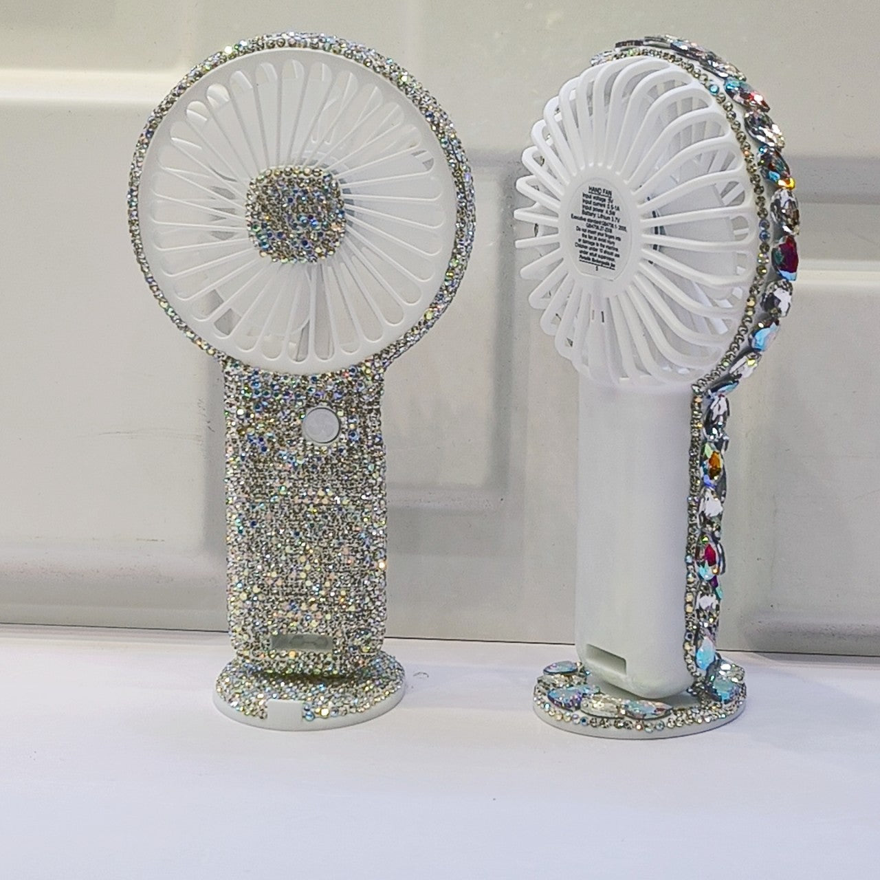 Rechargeable Portable Handheld Fan with Rhinestone Accents and Cat Emblem
