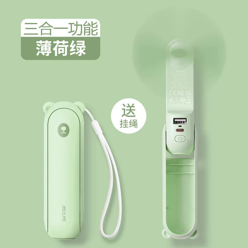 Foldable Rechargeable Mini Handheld Fan with Power Bank USB-C USB-A Ports and Wrist Strap