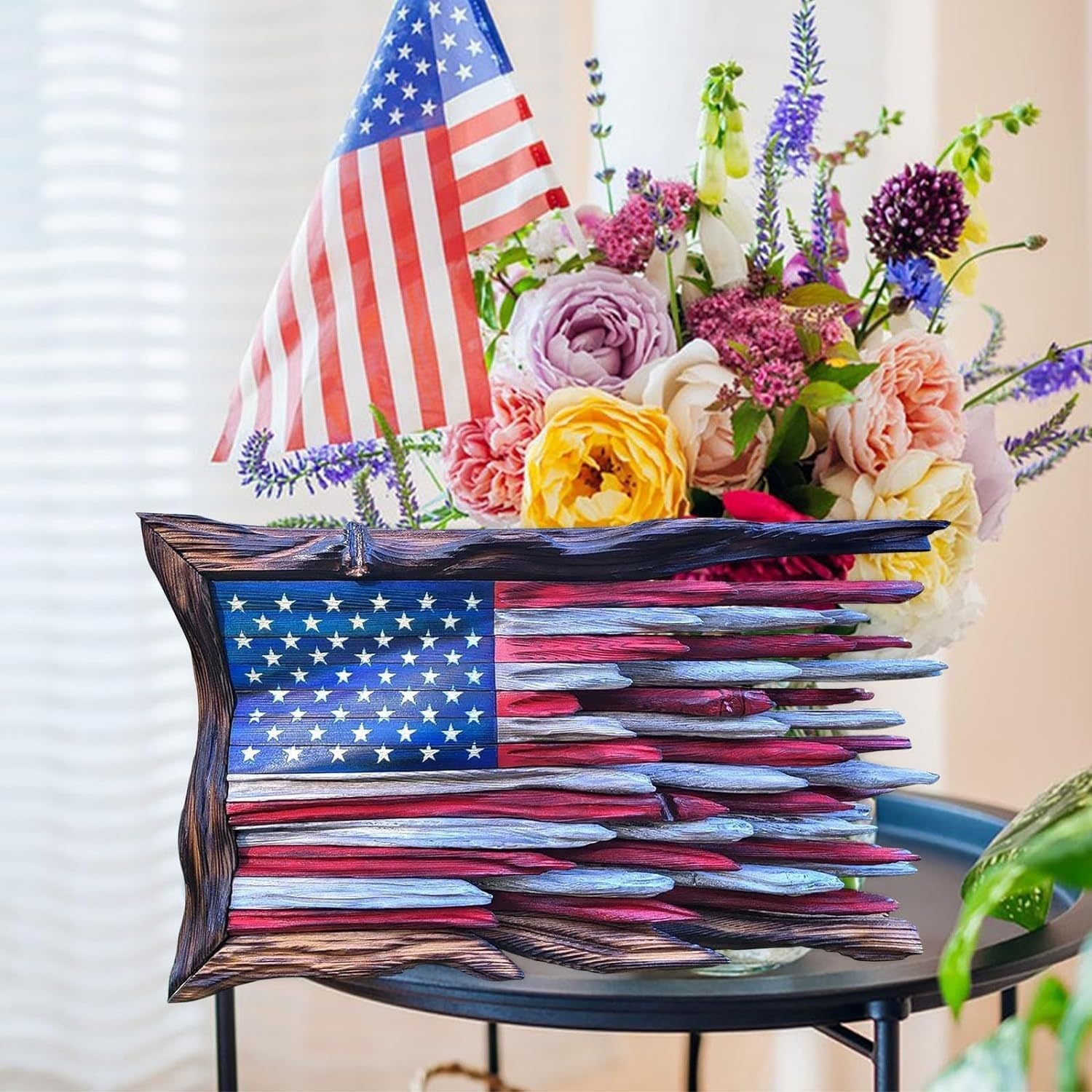 Reclaimed Wood American Flag Wall Sculpture Rustic Layered Driftwood Design