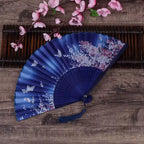 Women's Silk Folding Fan Elegant Floral Butterfly Motif with Tassel One Size