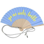 Ladies Designer Hand Fan Bamboo Frame Personalized Inscription Blue Yellow