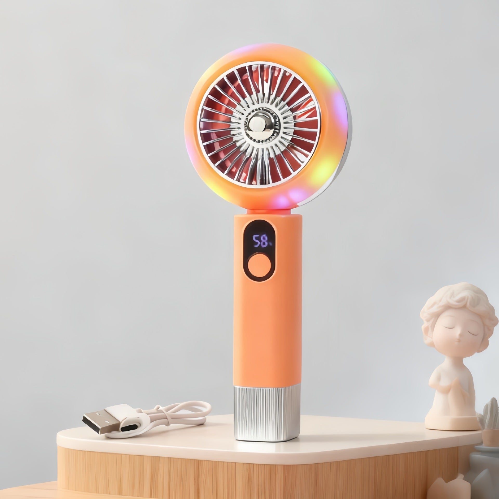 Ladies Portable Hand Fan with LED Display USB Rechargeable Stepless Speed Control Compact Design