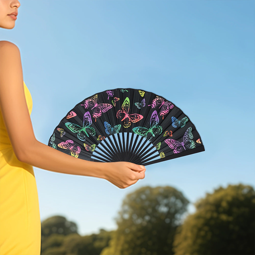 Women's Folding Hand Fan Lightweight Portable Butterfly Design Black
