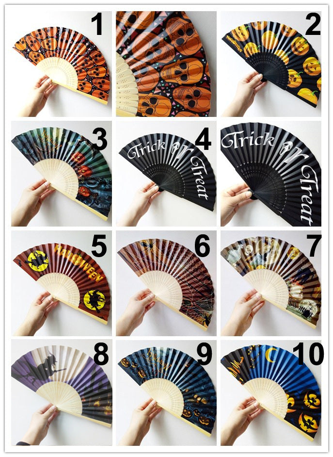 Women Decorative Fan Halloween Motifs Paper Wooden Frame Lightweight Portable