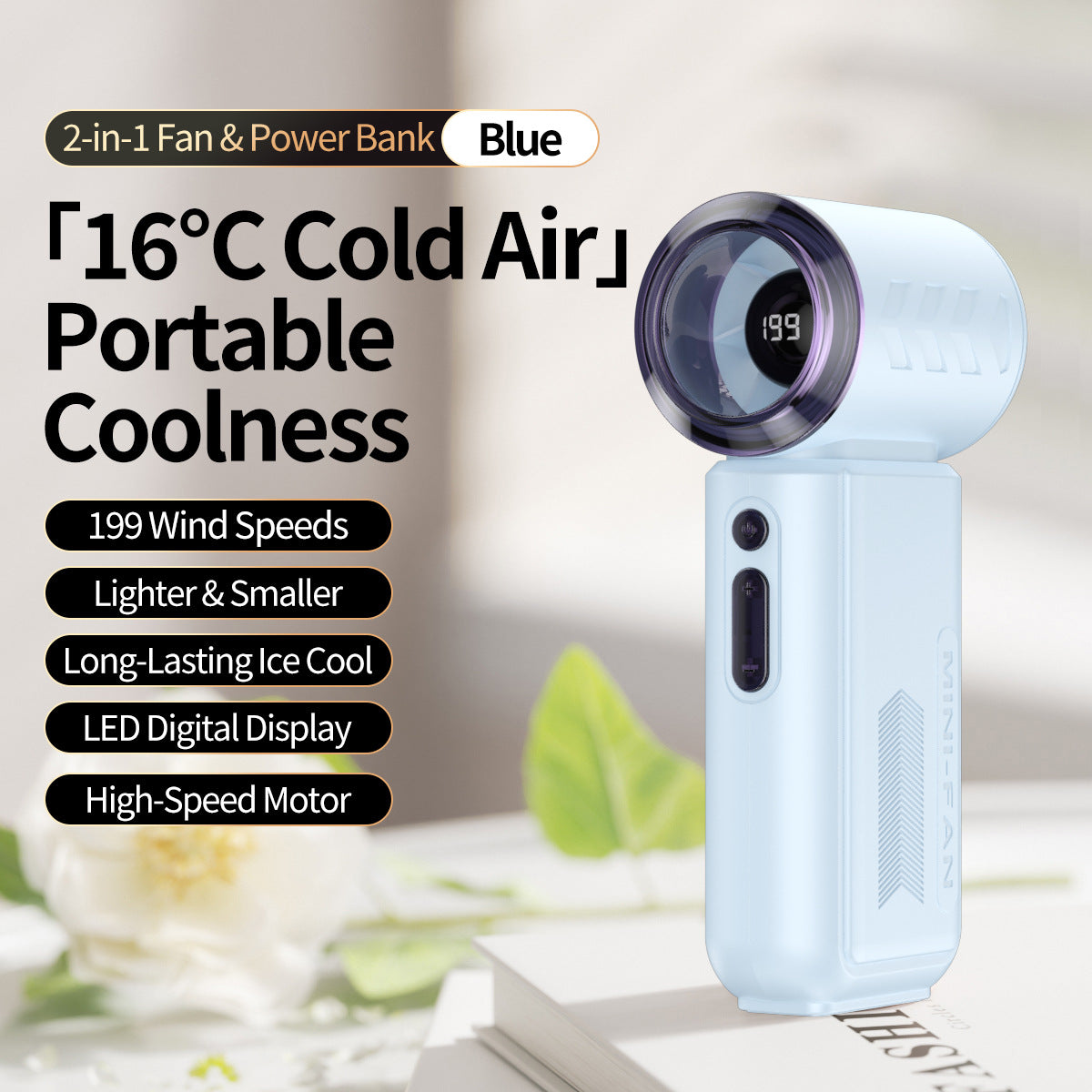 Portable Cooling Fan with Power Bank Adjustable Speeds Lightweight Compact
