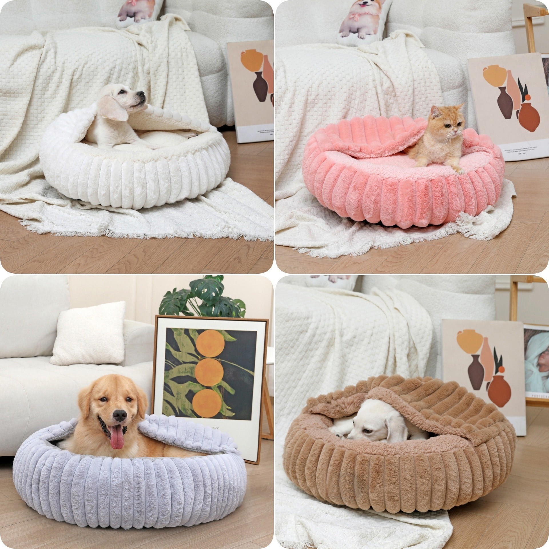 Round Pet Bed with High Edge Soft Cozy Washable Non-Slip Bottom for Dogs Cats