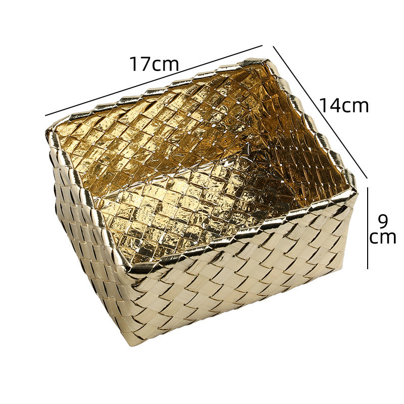 Unisex Decorative Storage Container with Hand-Woven Golden Surface Compact Organizer Box 17x14x9 cm