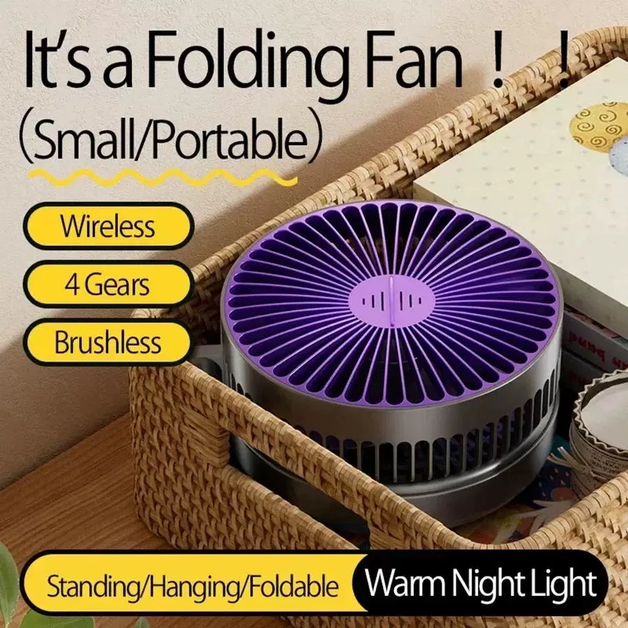 Rechargeable Foldable USB Type C Desk Fan with Adjustable Tilt and LED Night Light