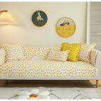 Ladies Sofa Throw Cotton Cover with Yellow White Floral Pattern and Cushions