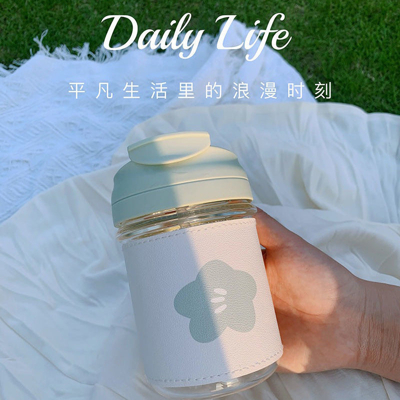 Ladies Insulated Glass Water Bottle with Silicone Sleeve and Leak-Proof Silicone Lid, Floral Design