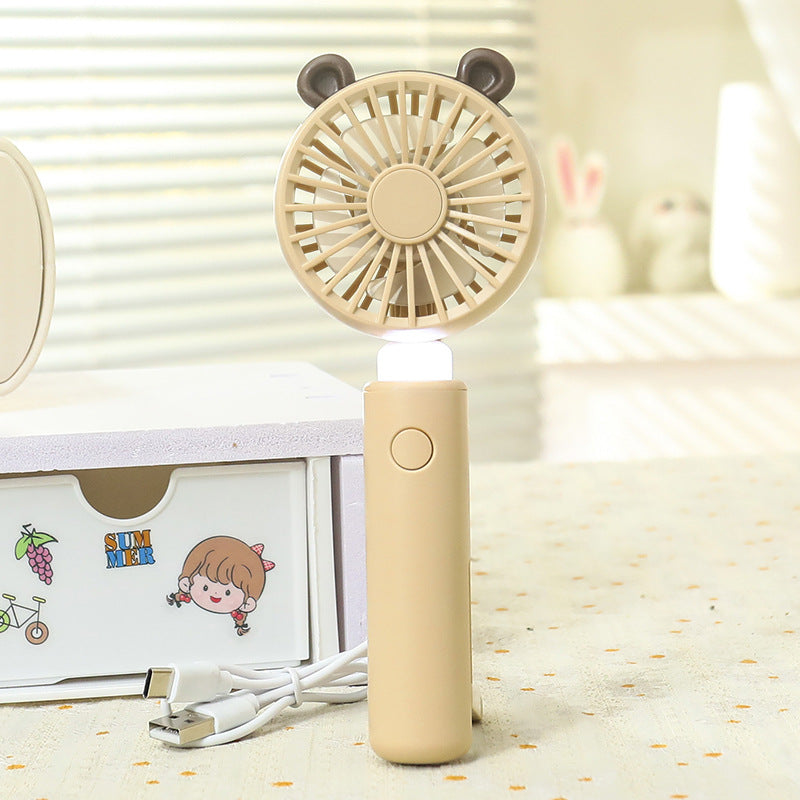 Portable Handheld Fan with LED Light and Animal Ear Design USB Rechargeable Quiet Operation