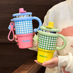 Insulated BPA-Free Plastic Water Bottle with Ergonomic Handle Checkered Design for Women