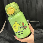 Women's Stainless Steel Water Bottle 500ml Leak-Proof Blue with Cartoon Design