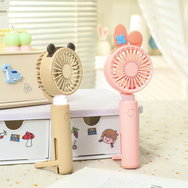 Portable Handheld Fan with LED Light and Animal Ear Design USB Rechargeable Quiet Operation