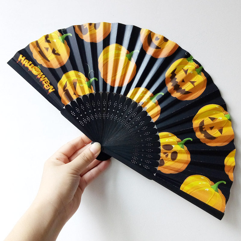 Ladies Fan Halloween Design Portable Handheld Fan with Pumpkin and Ghost Motifs
