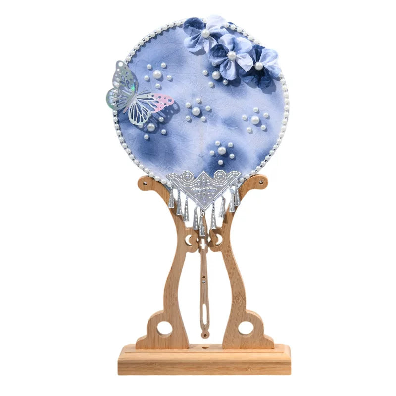 Handmade Silk Fan DIY Kit with Bead Accents, Floral Appliqués, Tassels, Wooden Stand