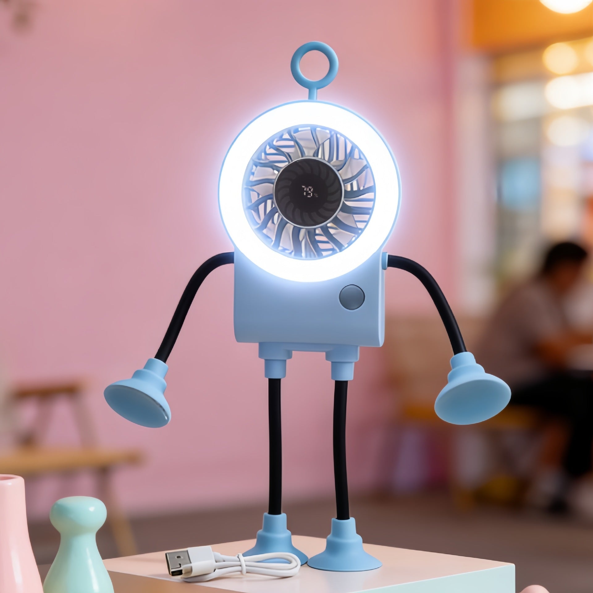 Creative Table Fan with LED Light and Ergonomic Flexible Legs Compact Portable Cooling Fan for Desk or Nightstand