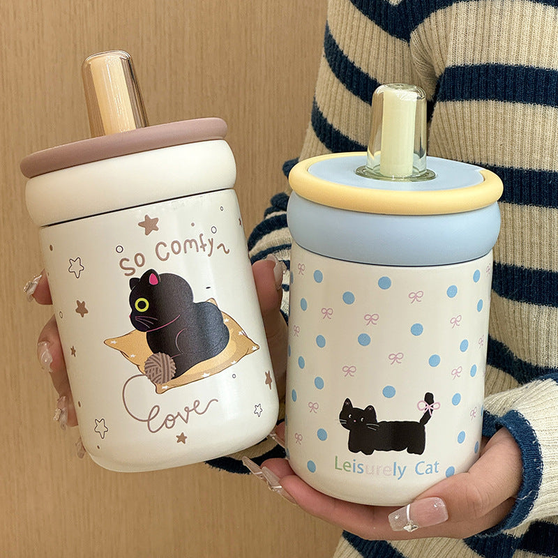 Women’s BPA-Free Plastic Water Bottle with Silicone Cap and Cat Design Playful Pattern