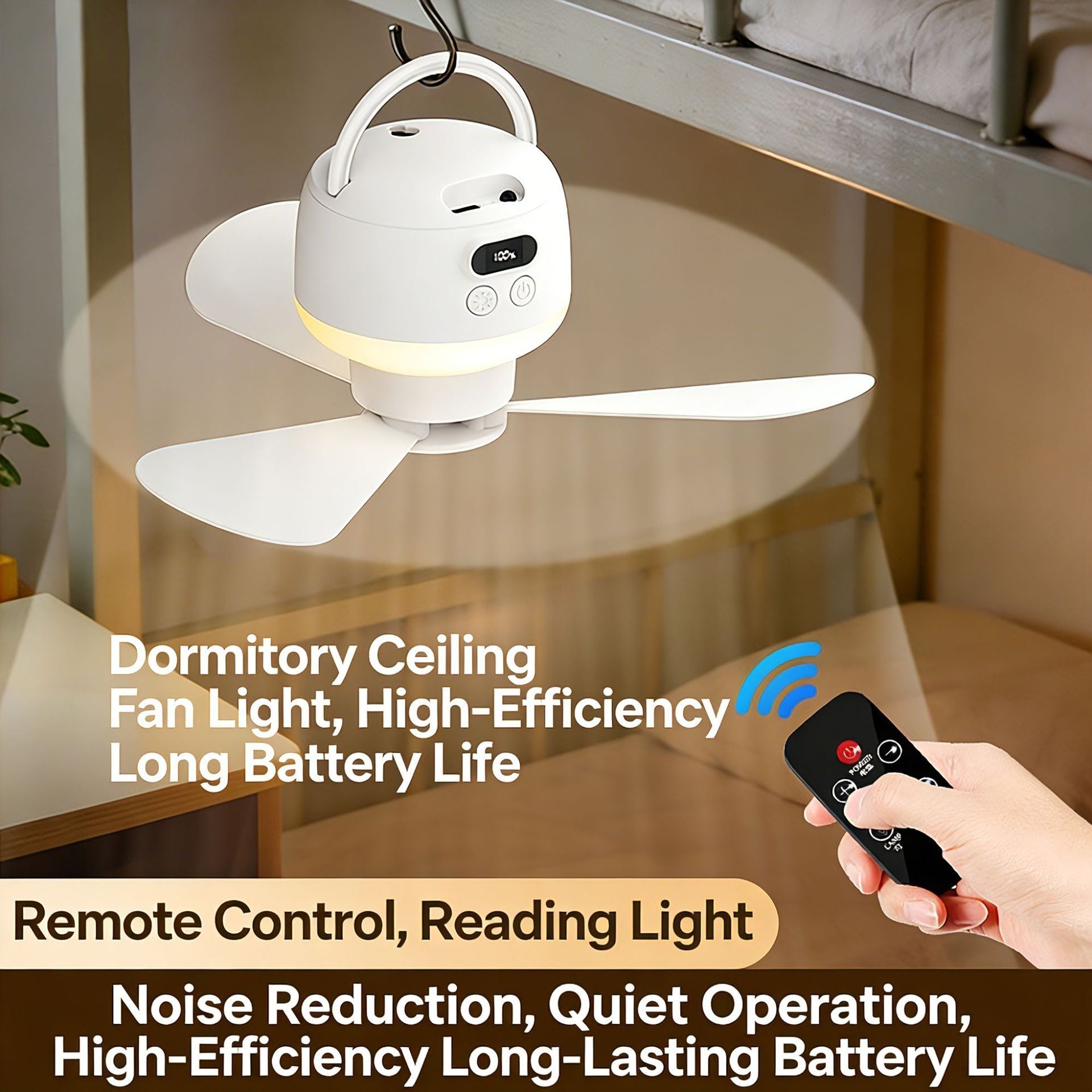 Portable Hanging LED Ceiling Fan Rechargeable Battery Adjustable Speeds Lightweight