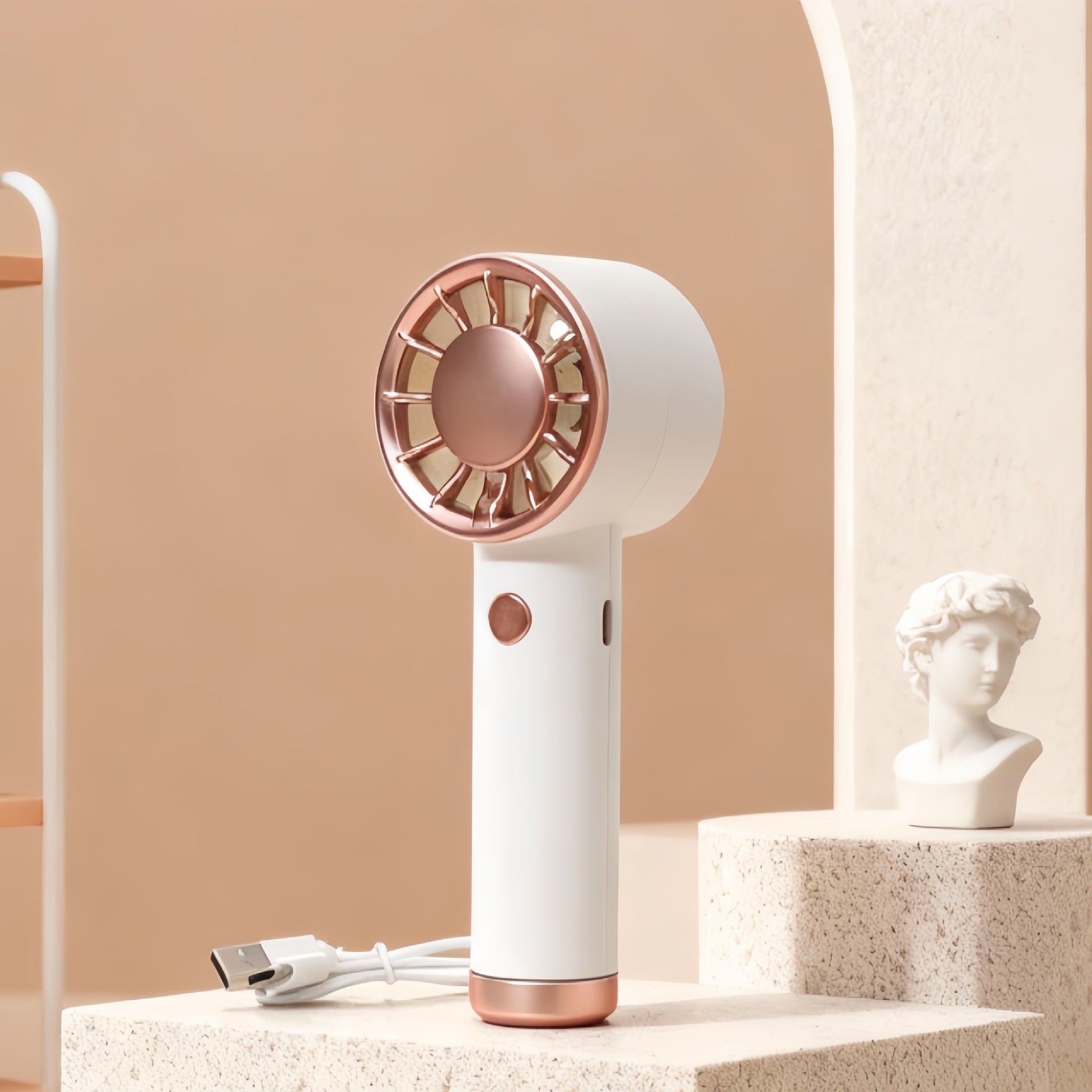 Portable Handheld Fan with Powerful Battery USB Rechargeable White and Rose Gold Lightweight